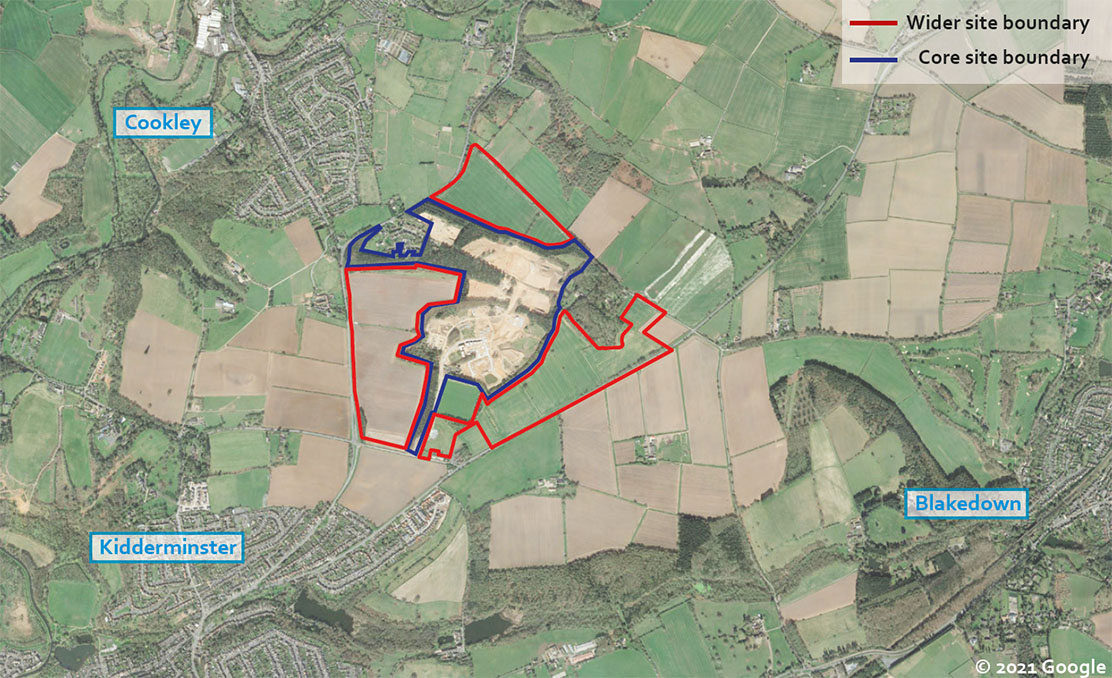 Lea Castle VIllage Core and Wider Site locations on an aerial photograph